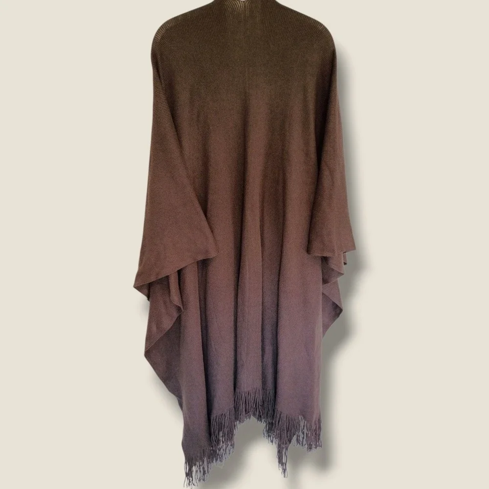 Woman Within Brown Open Front Fringe Hem Poncho Cape Pockets Oversized Cabincore